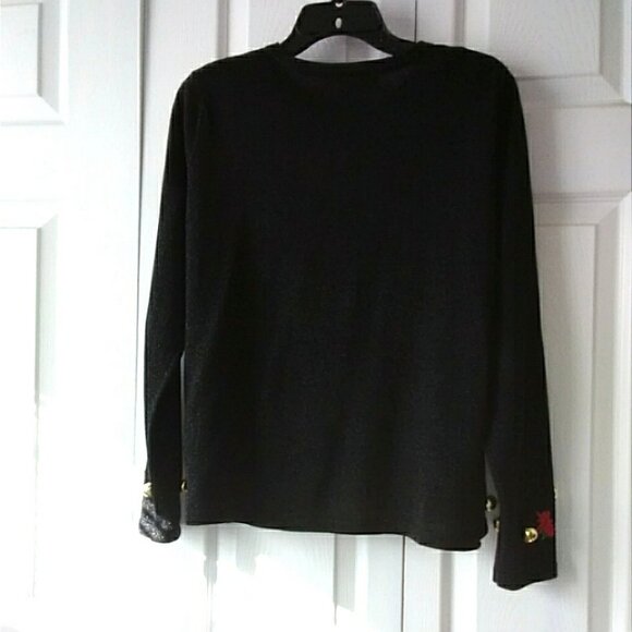 Christmas/Holiday Sweater Black Sparkly with Poinsettia Trim Medium - Picture 3 of 4